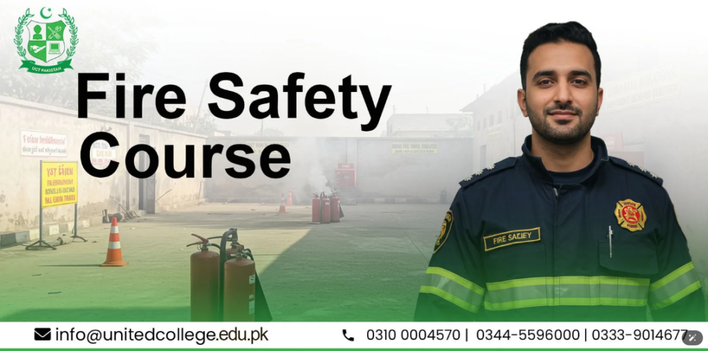 Fire Safety Course banner showing a man in a fire safety uniform smiling beside training area with cones and fire extinguishers