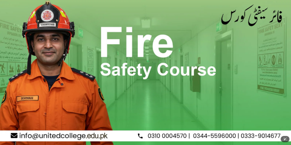 A firefighter in an orange uniform and helmet stands confidently. Text reads "Fire Safety Course" on a green-tinted corridor background, with contact details below.