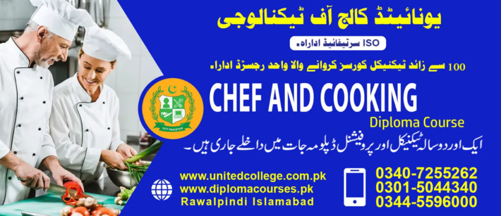 A man and woman in chef uniforms cut vegetables in a kitchen. Text highlights a diploma course in chef and cooking, with contact details and website links.