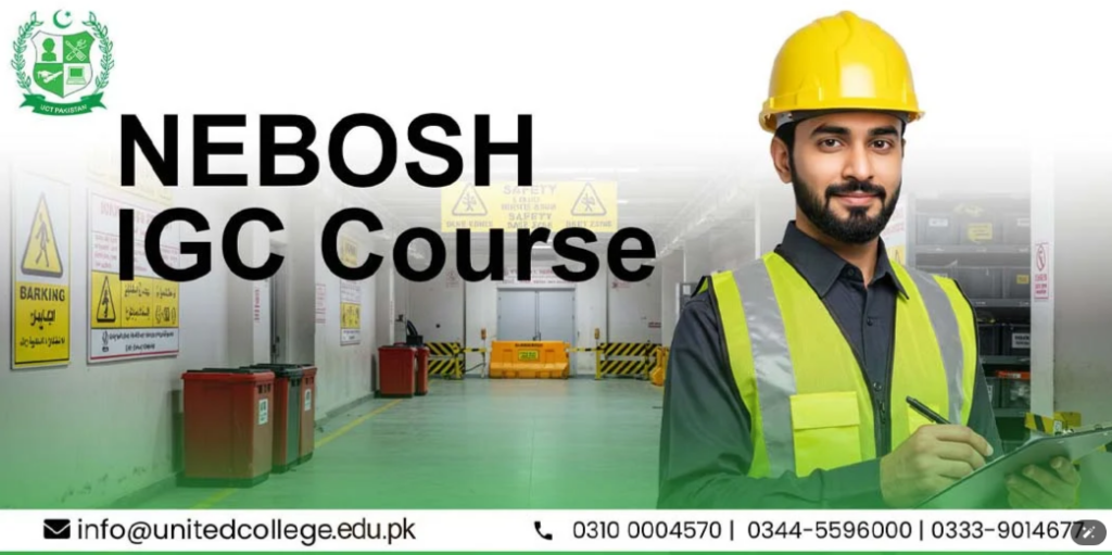 man in safety gear stands confidently in a warehouse setting. The text reads "NEBOSH IGC Course" with contact info for a college below.