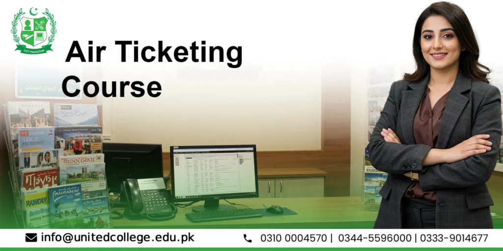 A smiling man in a suit stands confidently in an office with computer screens and world maps. Text reads "Air Ticketing Course" with contact details below