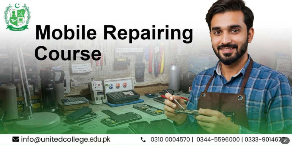 Smiling man in an apron holds a tool in a workshop with disassembled phones. Text reads "Mobile Repairing Course." Contact info and logo included.