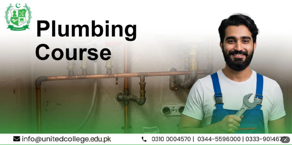 Plumbing Course with a smiling man holding a wrench in front of pipes.