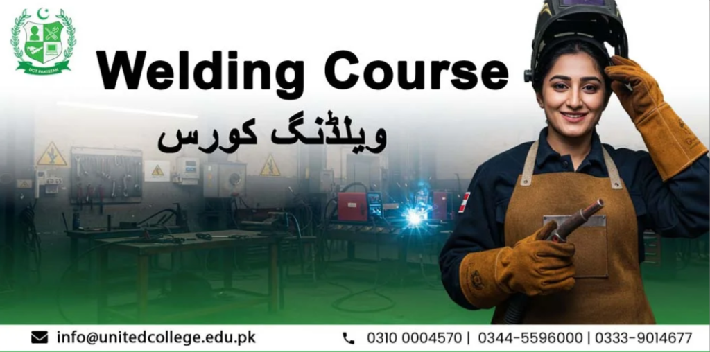 A woman wearing a welding helmet and gloves stands in a workshop, promoting a welding course.