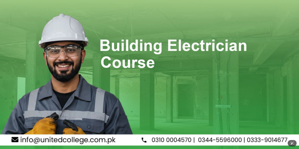 Smiling male electrician in safety gear, holding tools, in a construction site with green background and course title displayed.