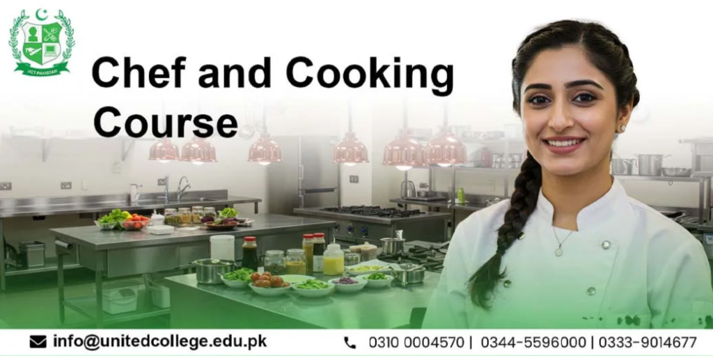 A woman in a white chef's coat stands in a professional kitchen with cooking equipment in the background. The image includes text stating 'Chef and Cooking Course' and features various cooking ingredients displayed on a countertop.