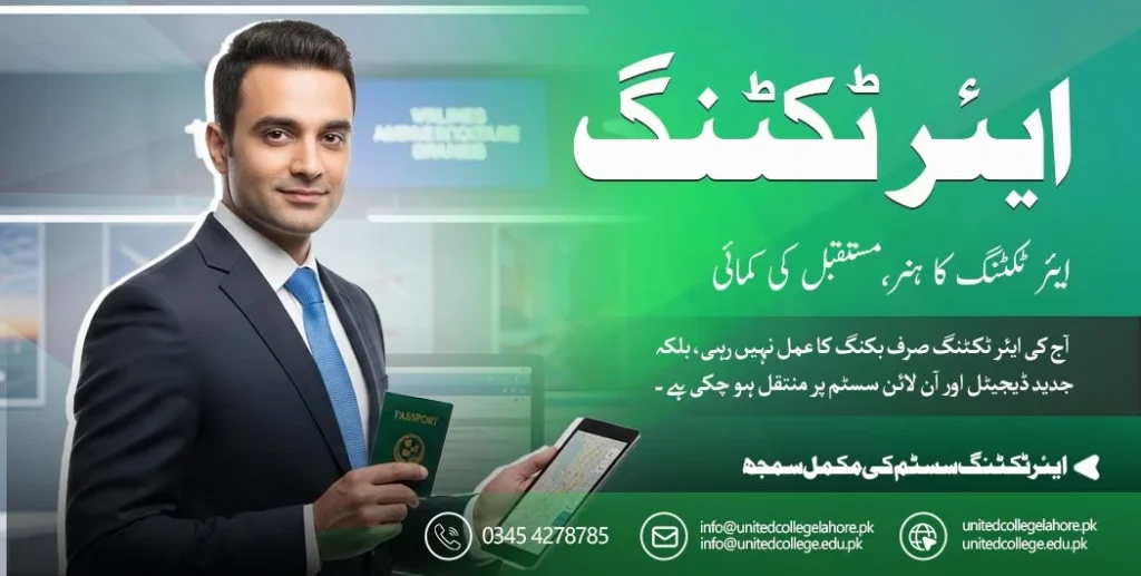 Urdu advertisement featuring a smiling businessman holding a Pakistani passport and phone, promoting a digital visa service with contact details.