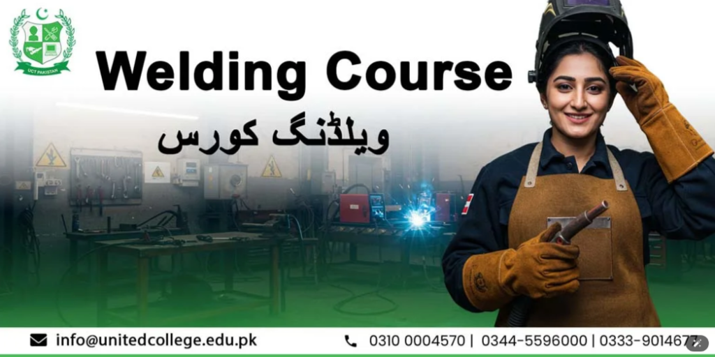Welding Course poster featuring a smiling female welder in protective gear, industrial workshop, Urdu text, the United College logo, and contact details.