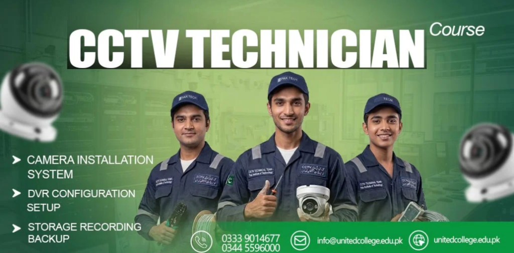 Three men in CCTV technician uniforms stand holding tools and cameras, with text listing course details on camera installation, DVR setup, and storage backup; contact information is shown below.