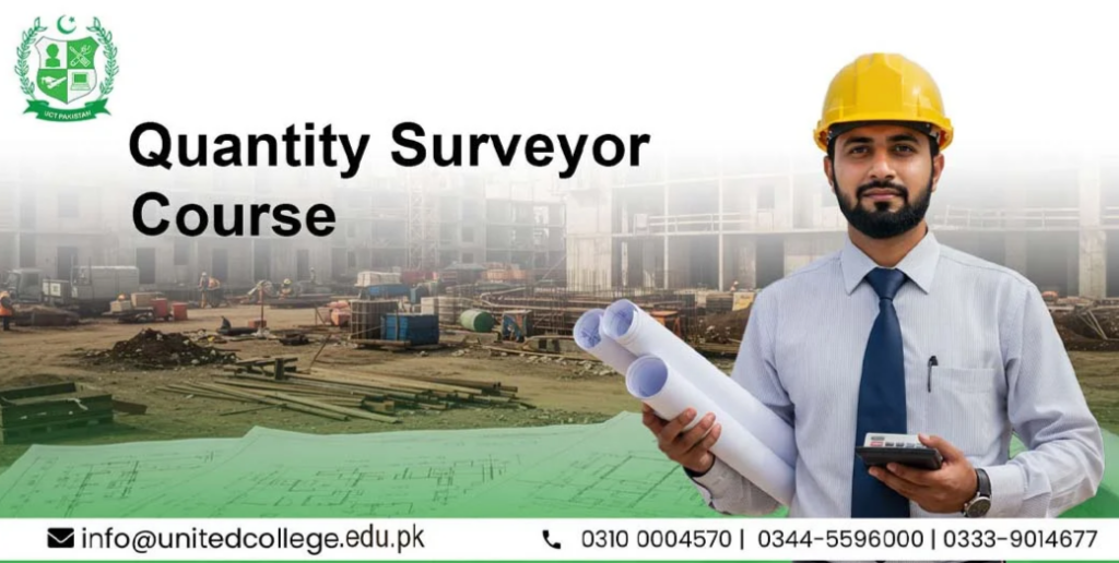 Promotional banner for a Quantity Surveyor Course, showing a construction site, blueprints, and a professional surveyor in a yellow hard hat.
