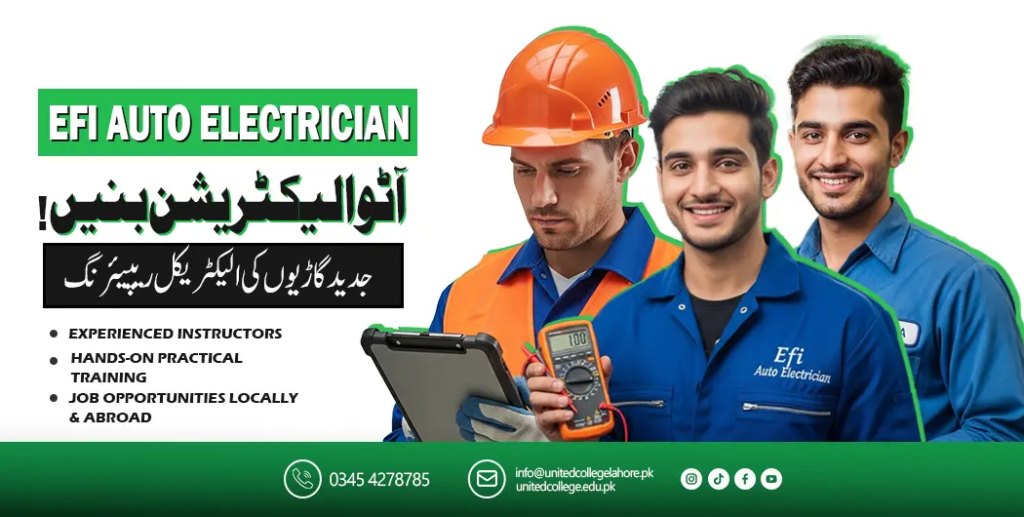 EFI Auto Electrician training ad with three men in blue uniforms, a hard hat, a tablet, and a multimeter; English and Urdu course details on green and white.