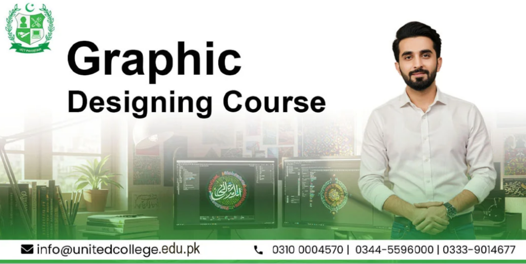 United College poster for a Graphic Designing Course, featuring a smiling instructor beside design monitors in a green-lit studio, with contact details below.